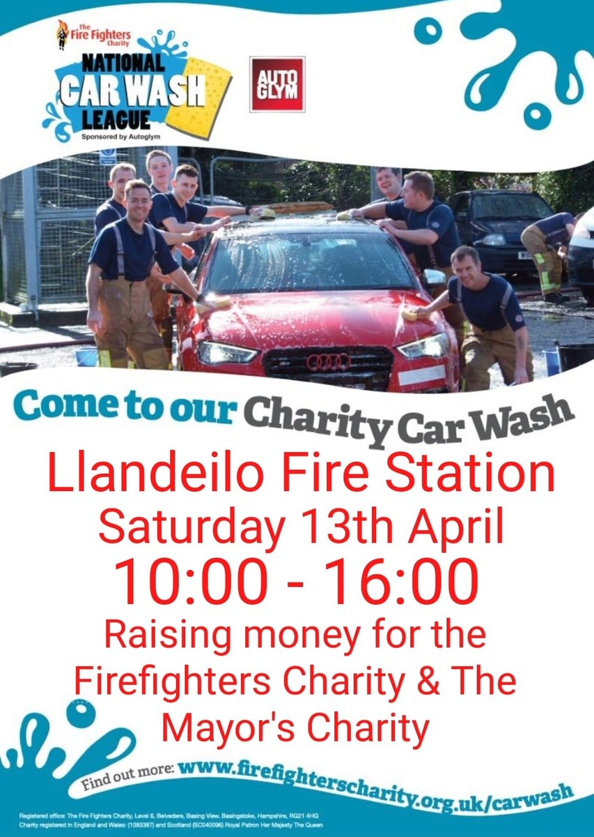 LlandeiloFire's tweet photo. We are hosting a Charity car wash on Saturday 13th April! 
Be sure to bring your cars down and support these great charities
#mawwfrs #llandeilo #autoglym #firefighterscharity #carwash https://t.co/6ZaonxtM24