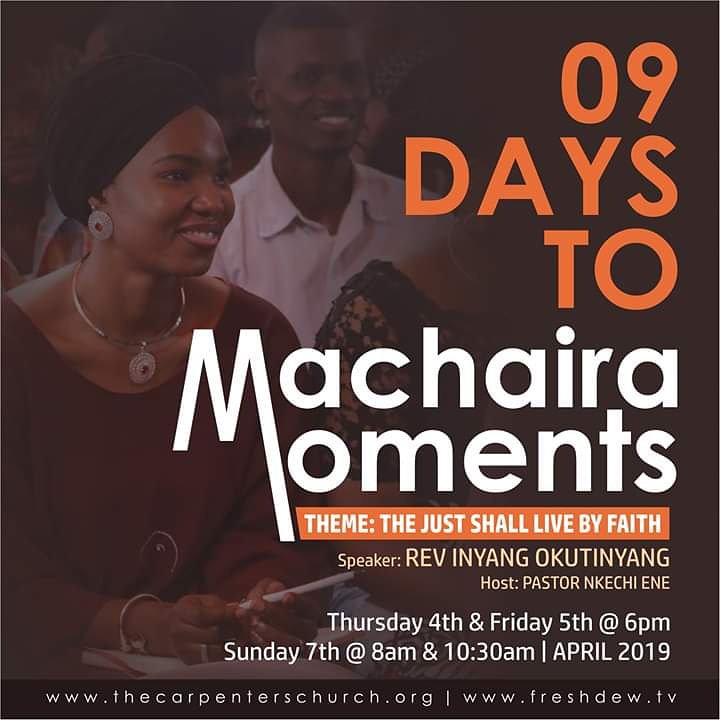 TCC PH (@tccph) on Twitter photo God’s Word is life and we are set for an encounter! Who’s joining us?
Save the date! Machaira Moments is 9 days away!
Speaker: Rev Inyang Okutinyang <a href="/InyangOkutinyan/">Inyang Okutinyang</a>
Host: Pastor Nkechi Ene (Mrs) <a href="/PastorKech/">Pastor Nkechi</a> God’s Word is life and we are set for an encounter! Who’s joining us?
Save the date! Machaira Moments is 9 days away!
Speaker: Rev Inyang Okutinyang <a href="/InyangOkutinyan/">Inyang Okutinyang</a>
Host: Pastor Nkechi Ene (Mrs) <a href="/PastorKech/">Pastor Nkechi</a>