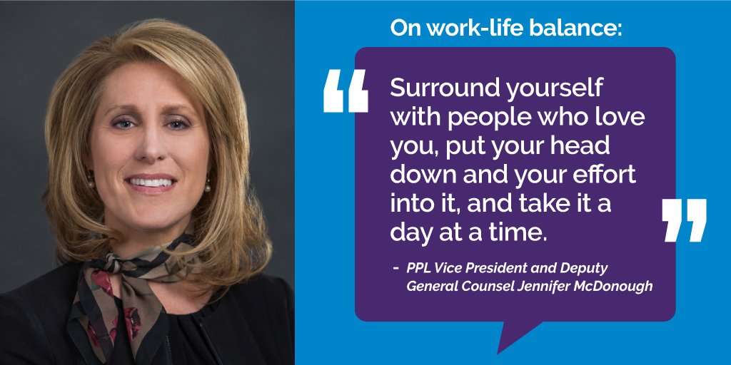 PPLCorp's tweet image. Understanding how to achieve work-life balance can be daunting. PPL's  Jen McDonough has learned about the give and take of juggling the many aspects of a working person's life. Read Jen's story and others on PPL's blog: ow.ly/VMpU50occeA #WomensHistoryMonth #BeBalanced