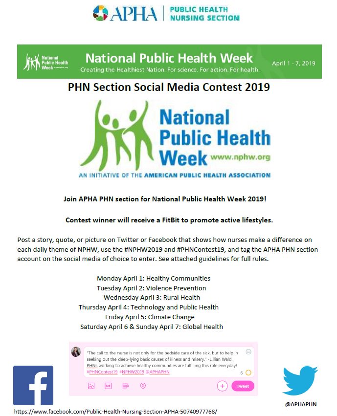 APHAPHN's tweet photo. We are holding a social media #contest open to any #nurse or #NursingStudent! Post how #nurses influence the #NPHW themes, tag us, &amp; use #PHNContest19 and #NPHW in your entries  4/1- 4/7 to win a #FitBit! Check out attached images for guidelines/rules. https://t.co/LiThq6X0fB