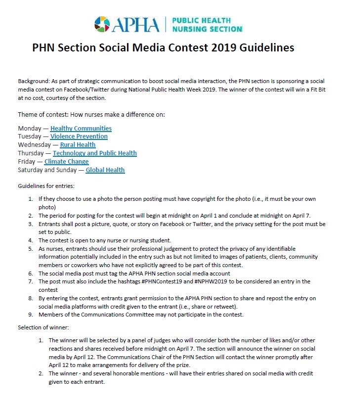APHAPHN's tweet photo. We are holding a social media #contest open to any #nurse or #NursingStudent! Post how #nurses influence the #NPHW themes, tag us, &amp; use #PHNContest19 and #NPHW in your entries  4/1- 4/7 to win a #FitBit! Check out attached images for guidelines/rules. https://t.co/LiThq6X0fB