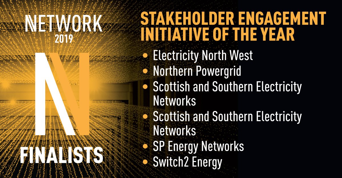 Good luck to the #Network2019 finalists for Stakeholder Engagement Initiative of the Year @ElecNW_News, <a href="/Northpowergrid/">Northern Powergrid</a>, <a href="/ssencommunity/">Scottish and Southern Electricity Networks</a>, <a href="/SPEnergyNetwork/">SP Energy Networks</a> &amp; <a href="/Switch2Energy/">Switch2</a>. See the 2019 shortlist: bit.ly/2M9h84c