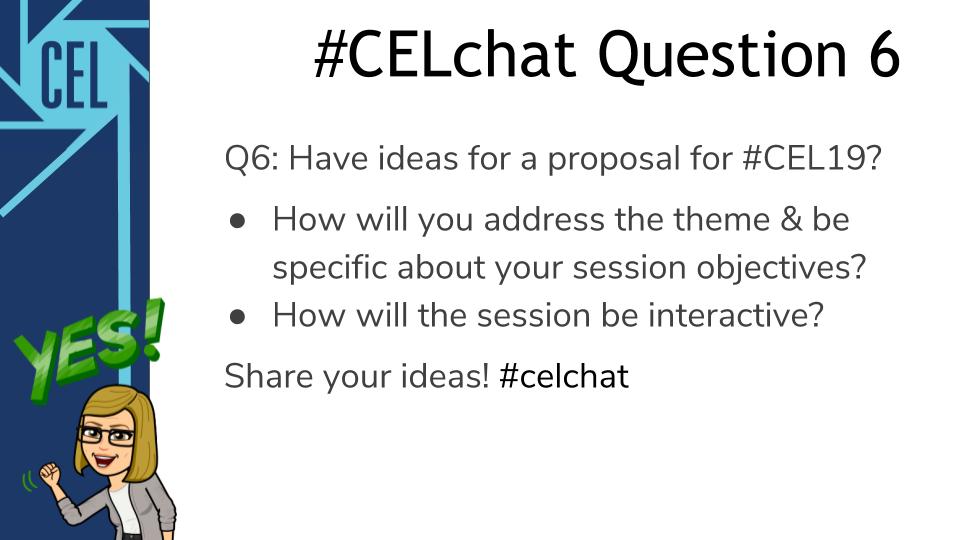 KtBkr4's tweet photo. Q6:Have ideas for a proposal for #CEL19?
How will you address the theme & be specific about your session objectives?
How will the session be interactive?
Share your ideas! #celchat @ncte_cel https://t.co/cB26sRqDIB