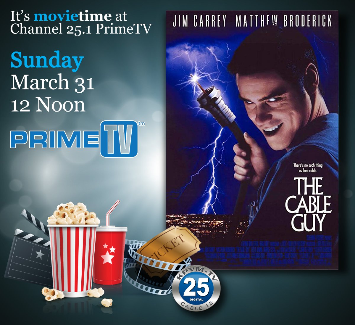 KPVMTV's tweet photo. Be sure to tune in this weekend for an amazing movie weekend on Prime TV!
·         Saturday:
o   1:00pm: Groundhog Day (1993)
o   9:00pm: Ali (2001)
·         Sunday:
o   12 noon: The Cable Guy (1996)
o   8:00pm: Basic (2003)
o   10:00pm: Identity (2003)
 
Thank you. https://t.co/IBDjIhi7IH
