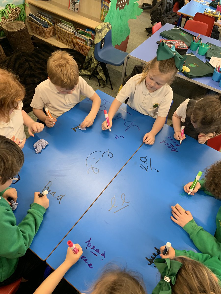 MeadowsideCedar's tweet photo. In Year 1 we’ve been looking at Phase 5 alternative sounds. They are very tricky so we thought we’d practise by writing them on the tables! 🤫 Don’t tell @SWrightEdu #phonics #practicalphonics #learningisfun https://t.co/19NWNVmuM9