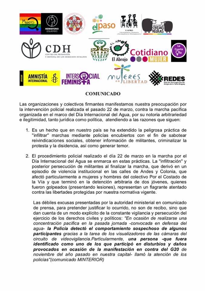 COMUNICADO:
Las organizaciones y colectivos firmantes manifestamos nuestra preocupación por la intervención policial realizada el 22 de marzo contra la marcha pacífica del #DíaInternacionalDelAgua