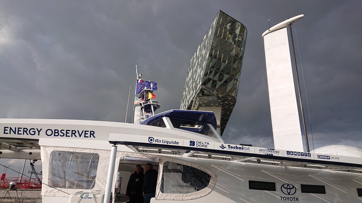 StefanNeis's tweet photo. @WaterstofNet visiting the #EnergyObserver at the #Antwerp harbour. This boat is fully self sufficient and uses #hydrogen and a fuel cell to provide electrical power. Thank you @ToyotaBelgium https://t.co/qaRUXH4yEg