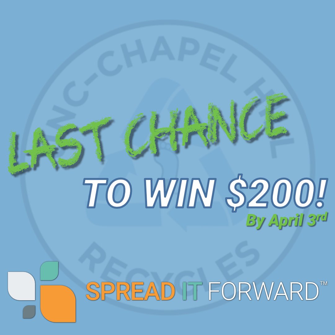 GreenGames_UNC's tweet photo. LAST CHANCE TO WIN $200 with the UNC Green Games Competition! Deadline is April 3rd.  Who has the initiative to not only win $200, but also spread sustainability through the Spread It Forward™ site? 
Go to https://t.co/zDORJO8eM7  today to spread sustainability! https://t.co/L4GvRvUjJ9