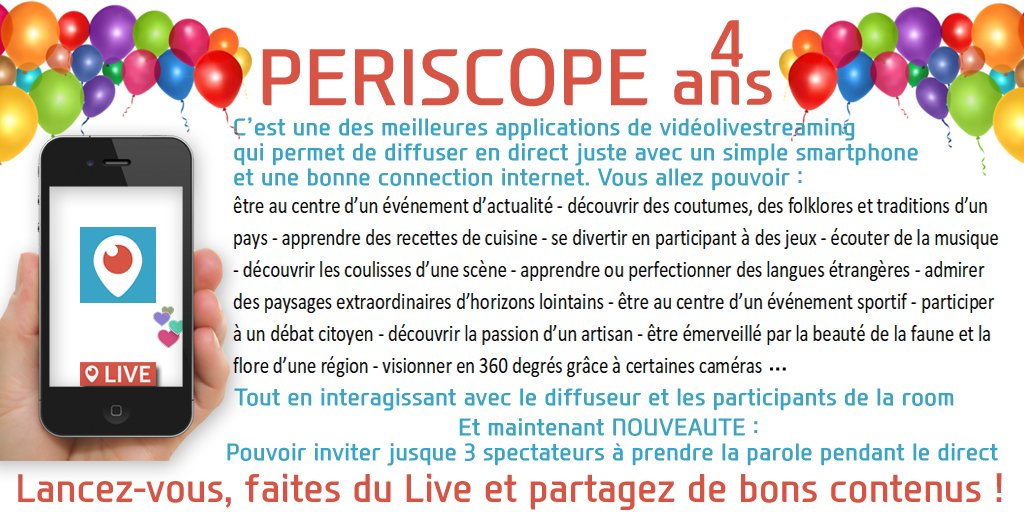 BernardPetersBE's tweet photo. 🎉🎇 Joyeux anniversaire #Periscope 4⃣ans 🎂
Lancez-vous, faites du LIVE 🔴 et partagez de bons contenus!
🎊 Happy Birthday Periscope 🍾 @PeriscopeCo #Anniversary #YearFour
#videolivestreaming #Reseauxsociaux #Live #SocialMedia #GoLive https://t.co/kNYM9uz77r