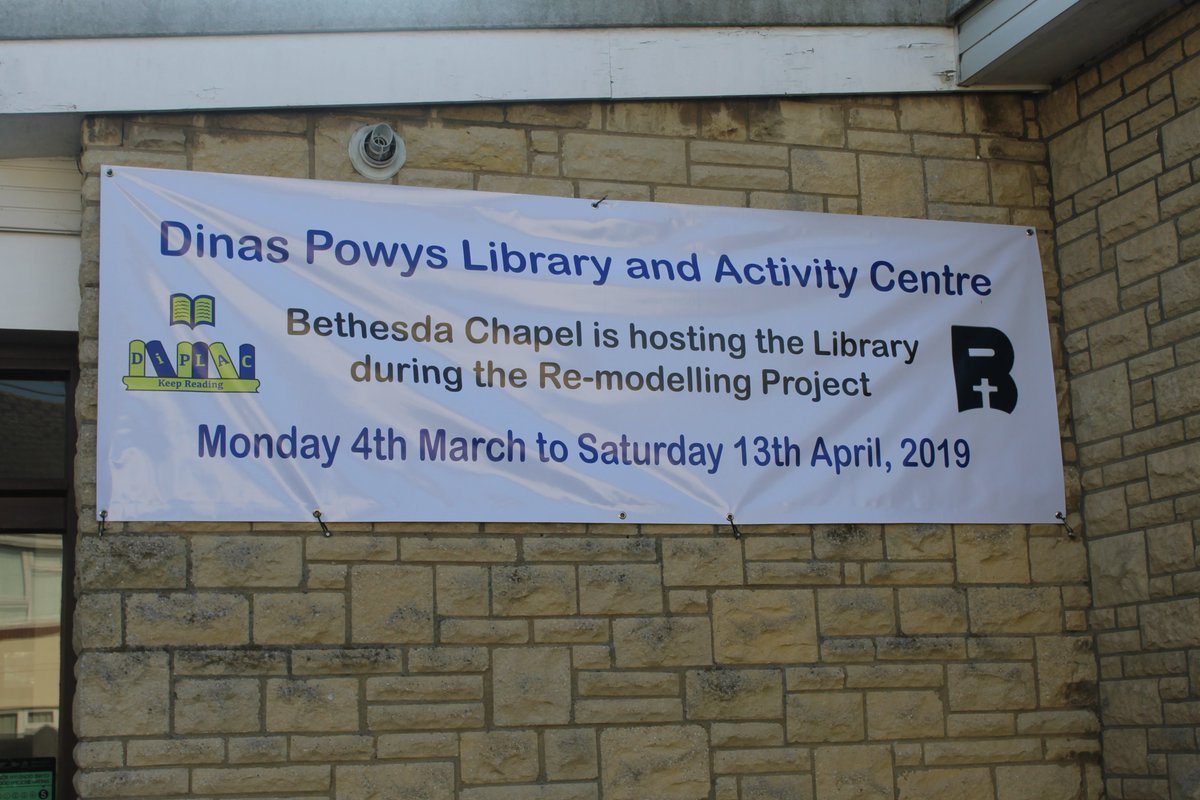 Diplac_cf64's tweet photo. #DinasPowys #Library is currently operating in the Bethesda Chapel while building work is going on. We have the usual range of recycling bags available &amp; the food bank collection box is also here. The renovated library is due to re-open on Mon 29 April 2019. https://t.co/OYfzDcEuha