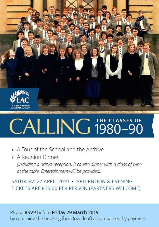 AcademicalClub's tweet photo. **The deadline is this Friday for RSVPs to the Classes of 1980-90 Reunion**. For more info please email: accies@edinburghacademy.org.uk before 29 March. #acciesreunion #academicalsfrom1980to90reuniondinner #academicalsreunion #edinburghacademy80sto90s https://t.co/WJN1e1G2M0