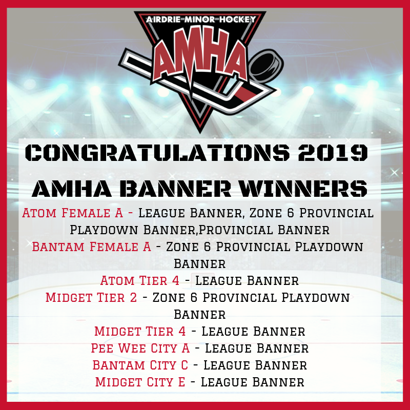 HockeyAirdrie's tweet photo. Congratulations 2019 AMHA Banner Winners, Atom Female A, Bantam Female A,  Atom Tier 4, Midget Tier 2, Midget Tier 4, PeeWee City A, Bantam City C, Midget City E! Join us April 3rd to celebrate, information here: https://t.co/GHSQY3SyZL #AMHABuilt #AMHAGrown #AMHAPride #Champions https://t.co/0F3sMfIobv