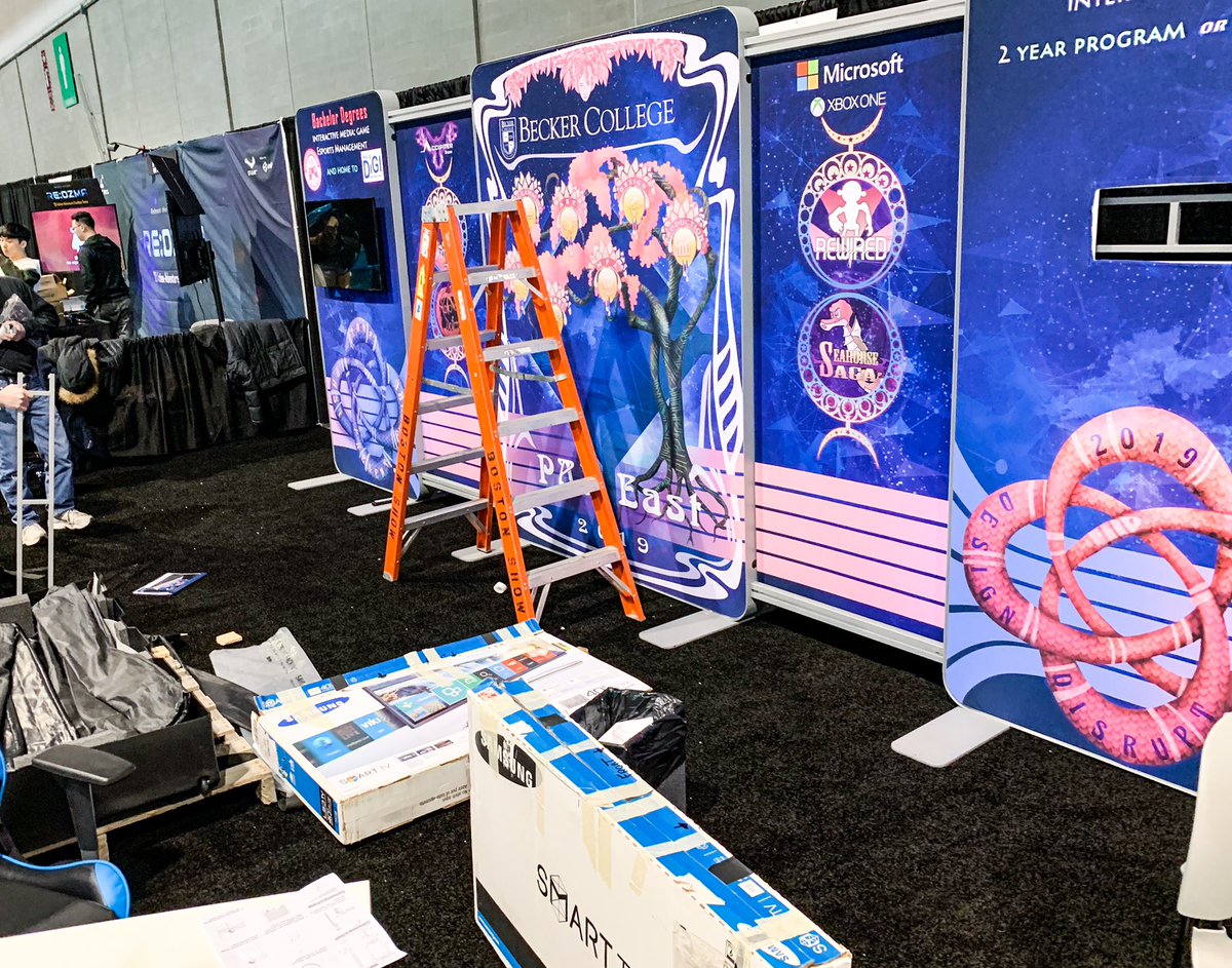 BeckerMfa's tweet image. It’s setup day for PAX East!! All the pieces are coming together! Come visit the Becker booth Thursday - Sunday (booth #10058). 

Check out student games, Apply to the MFA, and get your portfolio reviewed by a faculty member! 
#PAXEast #PAXEast2019 #highered #HigherEducation #mfa