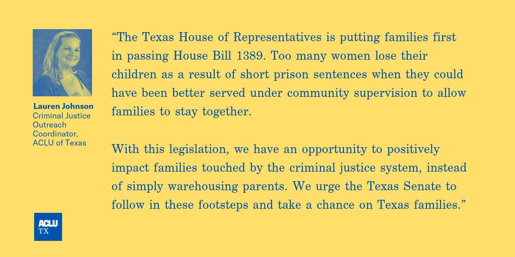 ACLUTx's tweet photo. 📣📣#HB1389 passed out of the #TXLege House! This is a significant step forward for Texas families and #SmartJustice. 

Read the full statement: https://t.co/TK6lAXVdsQ h/t 
@SmartOnCrimeTx https://t.co/1lfpKzZjt7