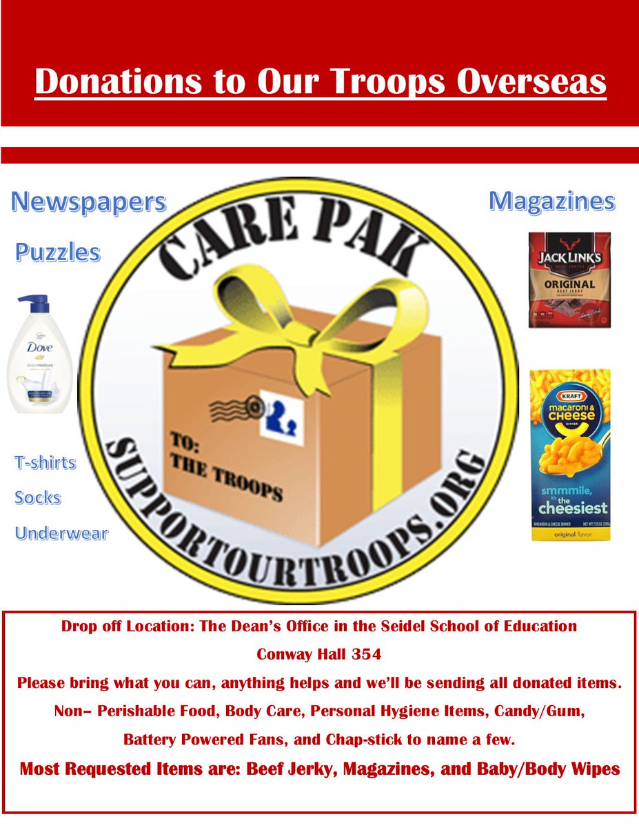 Donations are being accepted at the TE354 to support our troops. Suggested items: shampoo, deodorant, coffee, Q-Tips, hygiene products. <a href="/lahenry96/">lahenry96</a> <a href="/SalisburyU/">Salisbury University</a>