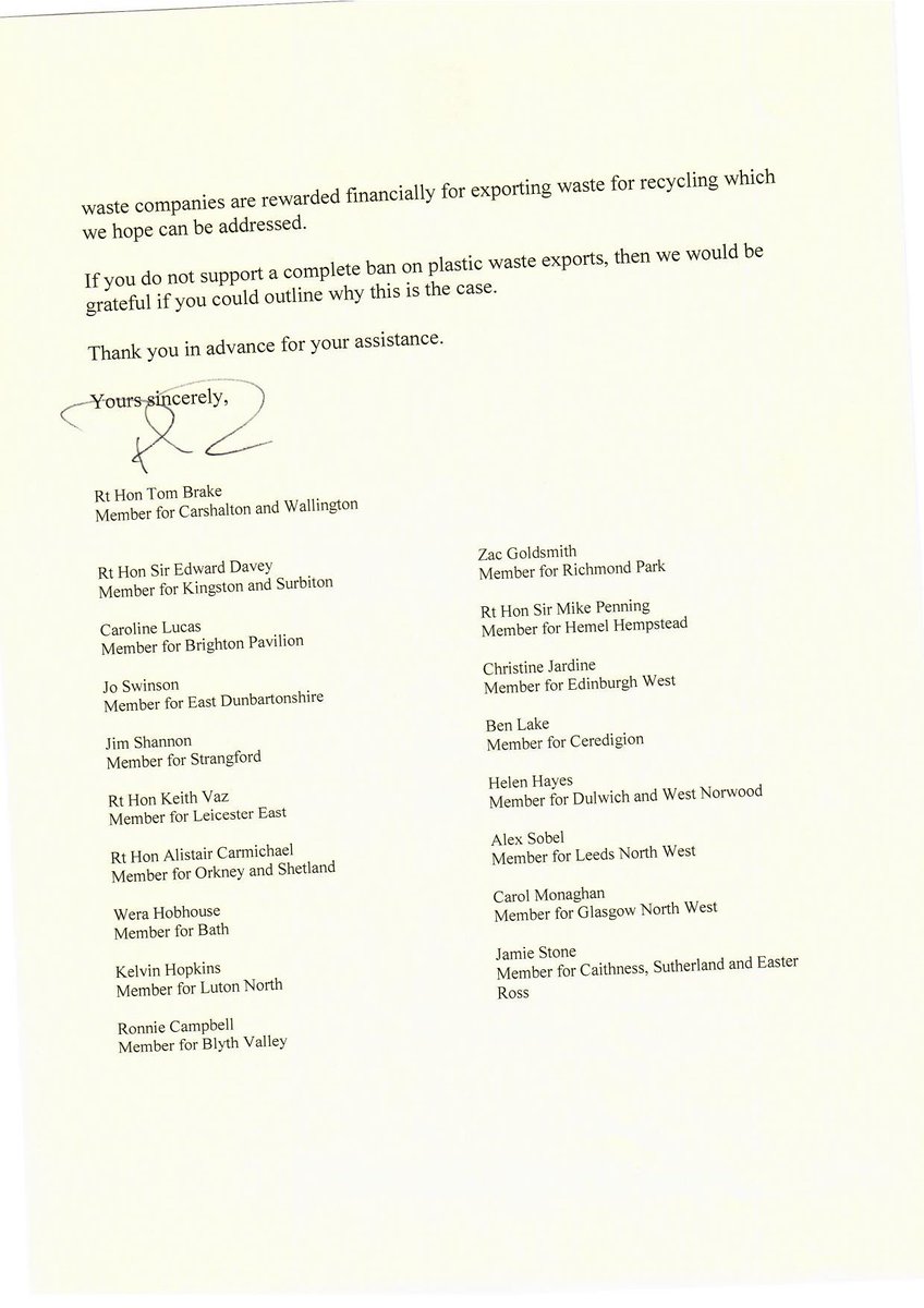 I have written to <a href="/michaelgove/">Michael Gove</a> demanding a ban on plastic exports to the  developing world. Thank you to all the MPs who signed my EDM and to  campaigners <a href="/aplastic_planet/">A Plastic Planet</a> for keeping the pressure up