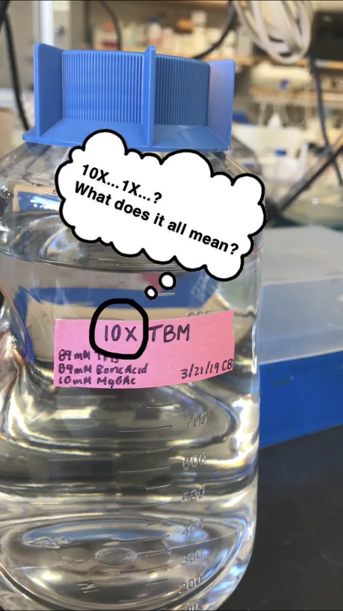 ChristiBink's tweet photo. What are all those X values you see on labels in the lab? Scientists make concentrated stocks of their reagents, which can later be diluted to 1X (the working concentration). Saves time and space! #STEM #dilutions #biochemistry #molbio #scicomm https://t.co/6Zc922KcSY