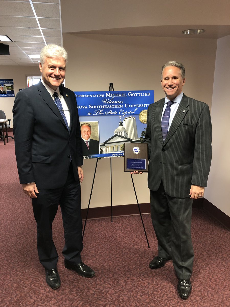 I had a productive meeting with Florida Rep. Michael Gottlieb today discussing #HealthInnovation and #NSUMD! Nice touch on the sign!