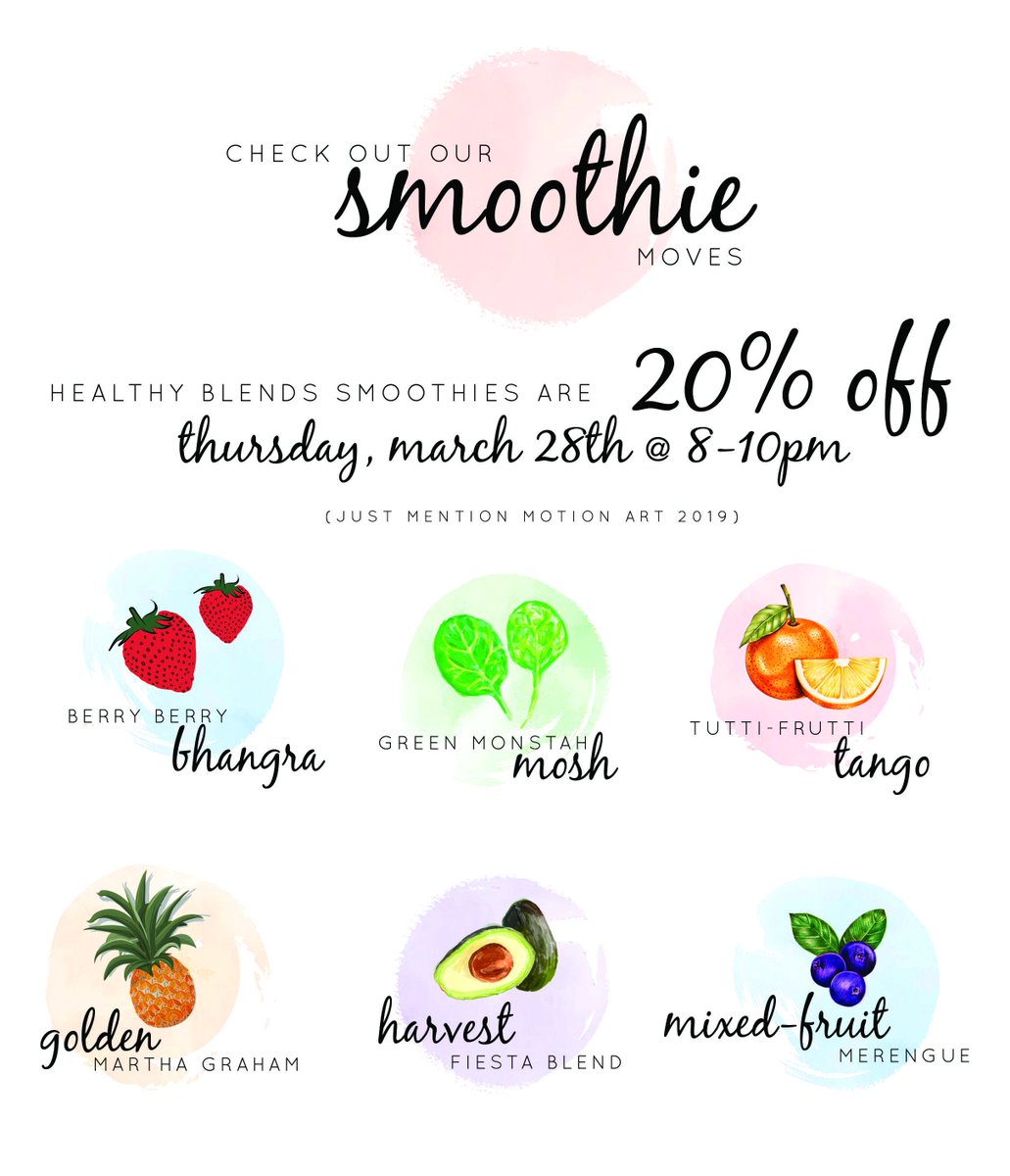 BUDanceProgram's tweet photo. Check out our smoothie moves on Thursday, March 28th! Motion Art 2019 will take place @FitRec from 8-10pm - mention it to Healthy Blends while you're there to get 20% off one of our special, dance-licious smoothies. #BUDanceProgram https://t.co/Aq9q6JcLEK