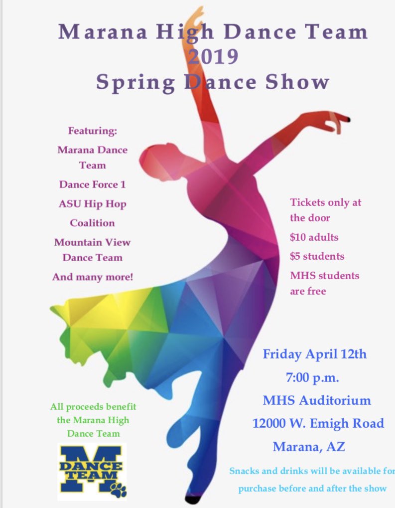 MHSDanceBooster's tweet photo. Our final performances of the season on 4/12!  And we have some talented friends in the dance community  who will be performing in our show....come check it out! @MaranaDance https://t.co/YcGPX2BijB