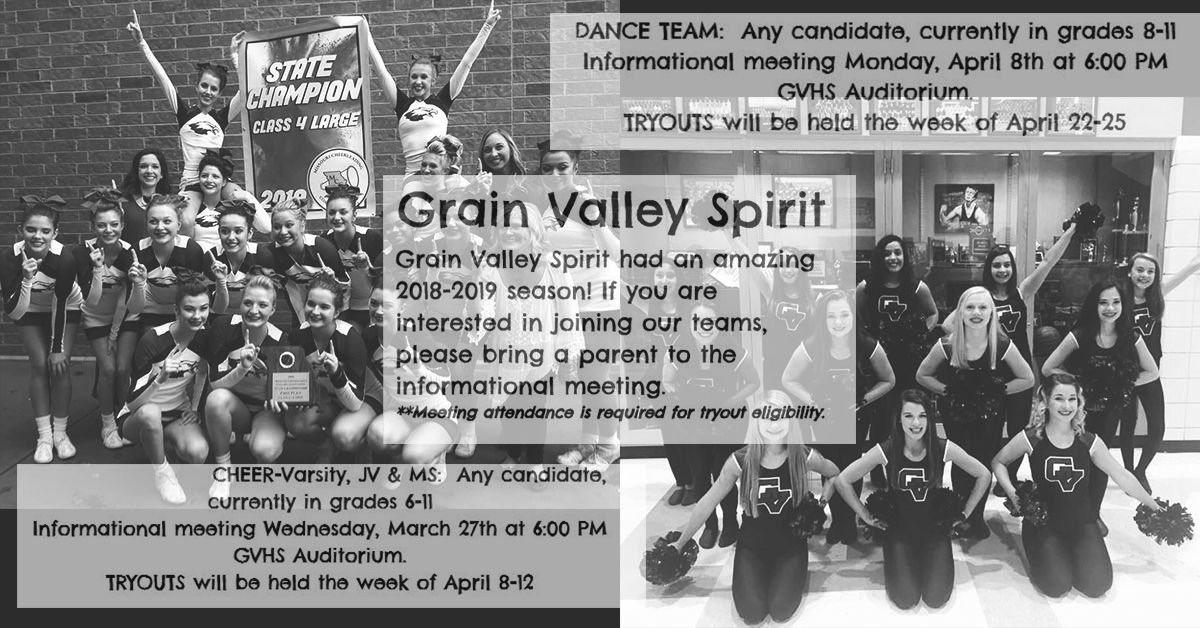 GVSPIRIT's tweet photo. REMINDER: Tomorrow, Mandatory Informational Meeting! 6pm at HS PAC! Anyone interested in trying out for our 2019-2020 teams needs to attend with a parent or guardian! See you there! #GVLegend #BeLengendary https://t.co/RhfVWakVdU