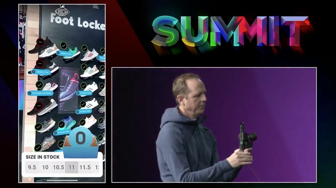 Adobe's tweet photo. David Nuescheler, Fellow &amp; VP of Enterprise Technology, demos how we're creating digital and physical experiences with AR, powered by @AdobeExpCloud and @AdobeSensei. #AdobeSummit https://t.co/68ZVxQZLFE