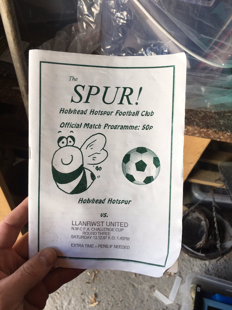 TomScotty's tweet image. Going through my footy stuff in the shed today. Came across this beaut. 1997 @HolyheadHotspur. Top of the league. 13/13 what a team. 🔵⚪️🐝