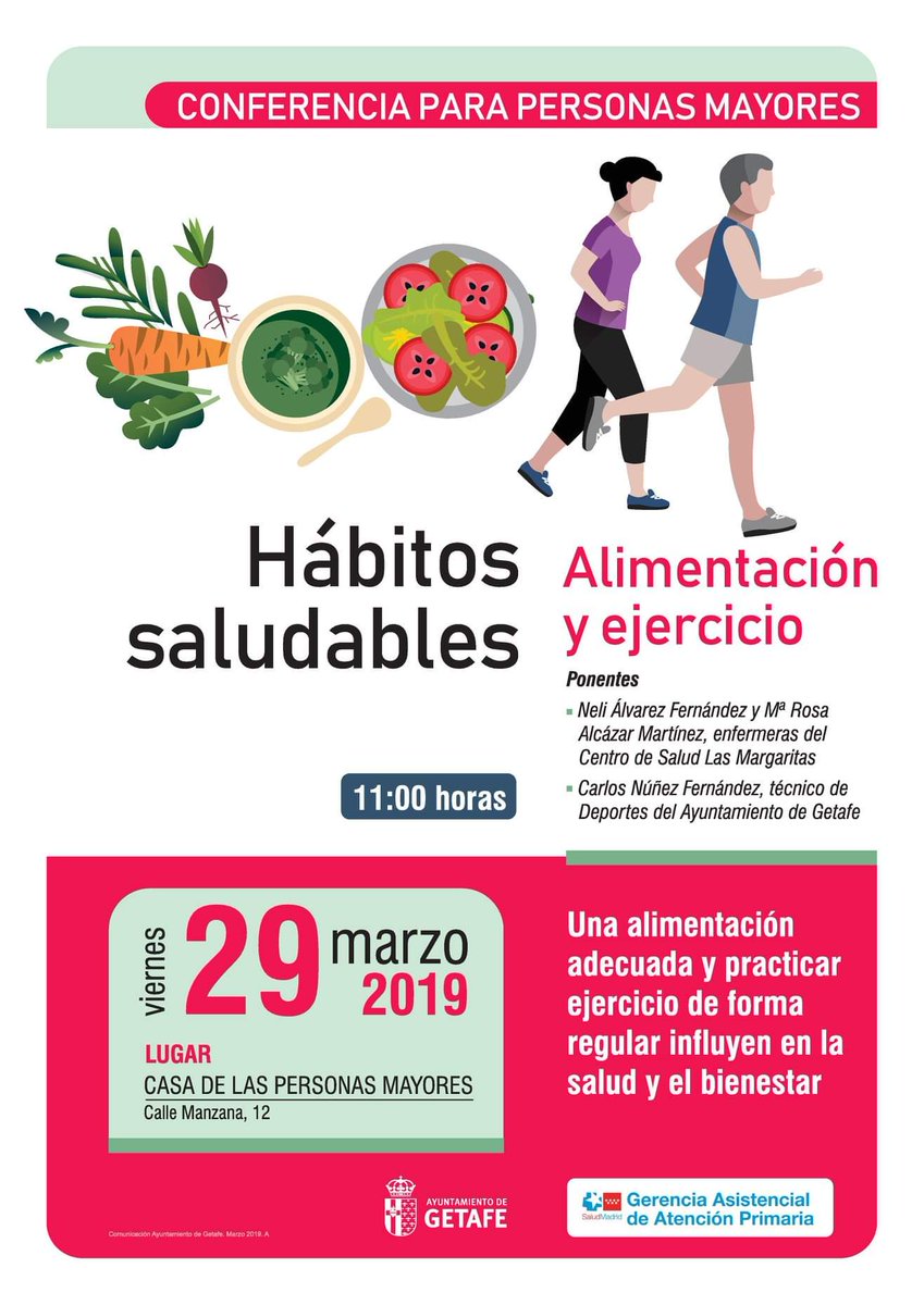 El próximo viernes estaremos en la Conferencia "Hábitos saludables, alimentación y ejercicio" que tendrá lugar en la Casa de las Personas Mayores a partir de las 11:00 horas para hablar de los beneficios de la actividad física
OS ESPERAMOS !!!
#Getafe #Deporte #DeporteySalud