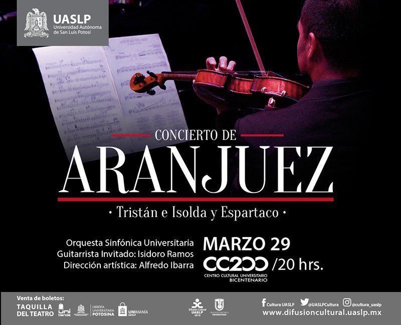 faenuaslp's tweet photo. Universidad Autónoma de San Luis Potosí UASLP (@LaUASLP) y su
La Orquesta Sinfónica Universitaria se complace en presentar Concierto Aranjuez, Tristán e Isolda y Espartaco, el viernes 29 de marzo a las 20:00 hrs. en el Centro Cultural Universitario Bicentenario(CC200). https://t.co/AmvVXTwL1c