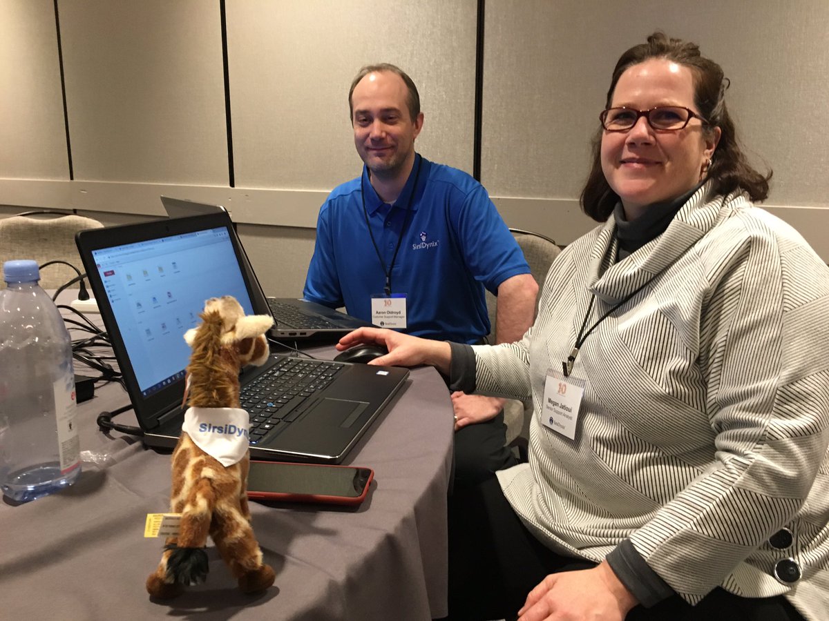 librarychick122's tweet photo. Giraffe got his question answered in the Ask SirsiDynix room. Thanks Megan, Aaron and Greg! #COSUGI2019 https://t.co/FD5bBudYaf