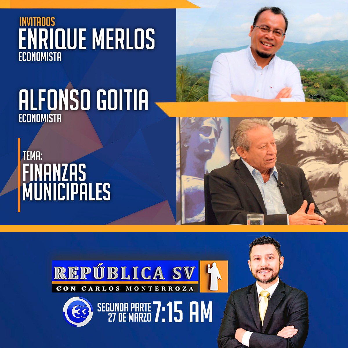 Republica33TV's tweet photo. Sobre “Finanzas Municipales” hablamos este miércoles con 2 economistas en @RepublicaSV33, conducido por @chamonterroza, @canal33tv, #7EnCable https://t.co/YhCmhA8ytl
