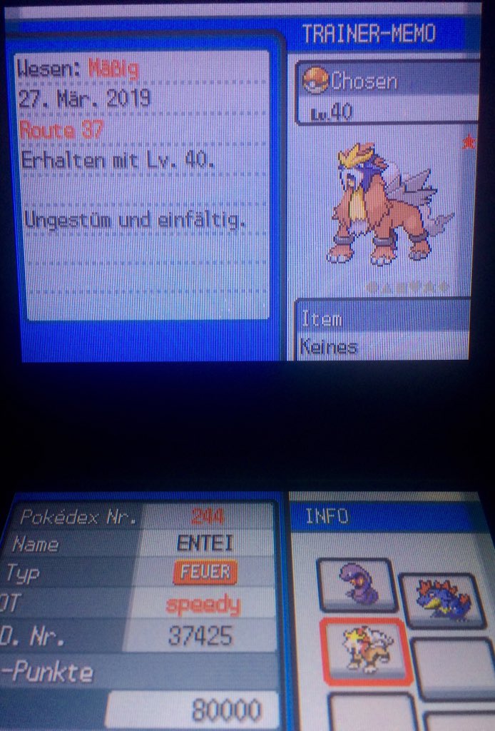 speed0373's tweet photo. Its done. Shiny Roaming Entei after 13,332 SR (26,664 seen) in HeartGold! A 1 year long hunt came to an end, but it was so worth 🙂Thanks for all the support during this time and the video will be up later tonight! https://t.co/Zn50PL5uJv