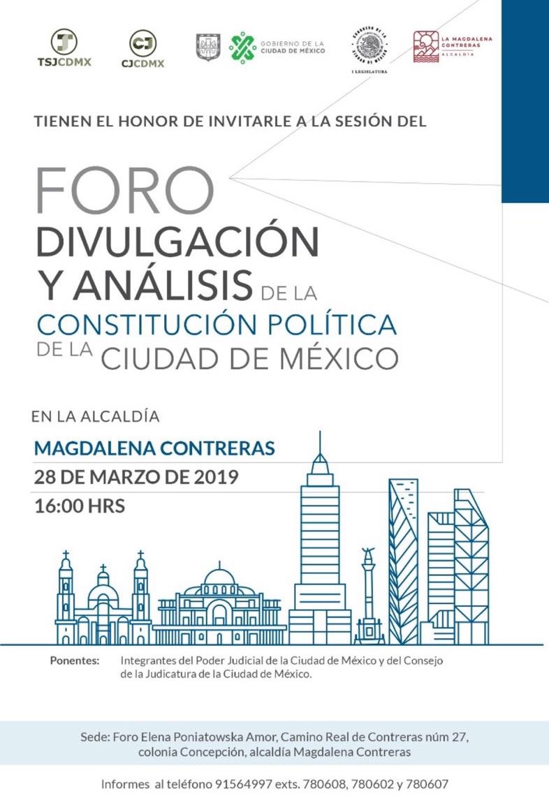 ALaMagdalenaC's tweet photo. La alcaldía y el Tribunal Superior de Justicia de la Ciudad de México te invitan a la sesión del Foro Divulgación y Análisis de la #Constitución Política de la #CDMX, te esperamos. 
📆 Jueves 28 de marzo.
⏰ 16:00 hrs.
📍 Foro Cultural 
#ViveContreras #HaciendoComunidad https://t.co/BOL9tB13wm