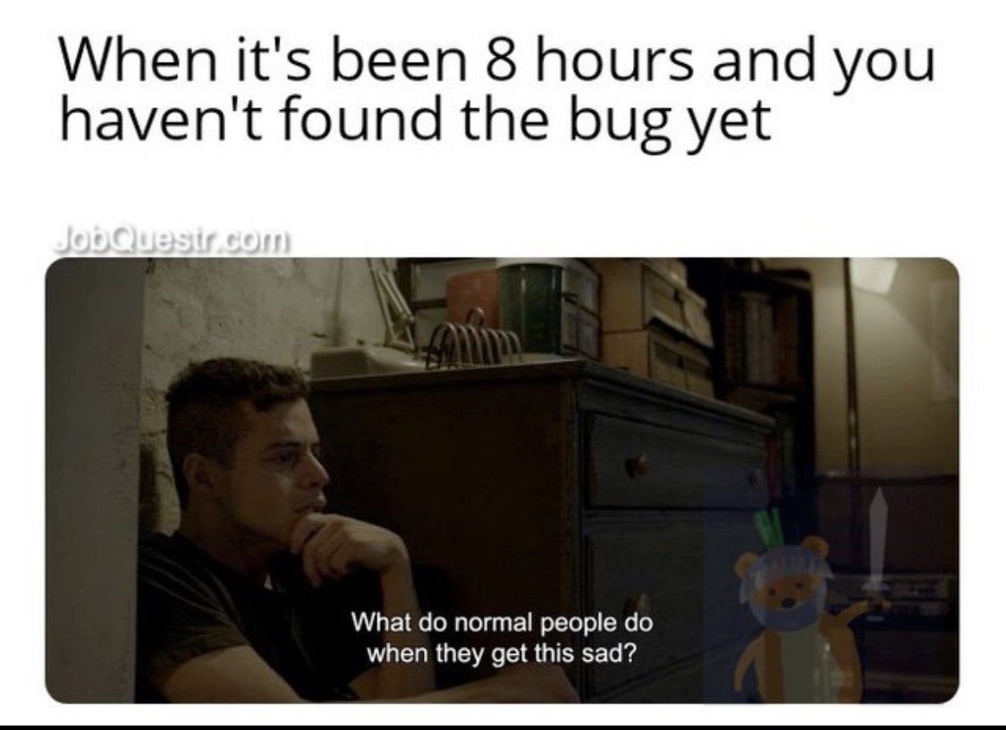 codehamster1's tweet image. Usually just cry and stare at my screen….. 😅
@codehamster1
#jobquestr #programmer #codinglife #coding #programminglife #python #java #javascript #bostondevelopers #bostoncoders #webdeveloper #php #css #bugsincode #recruiters #html #nerd #geek #coders #sql #perl #codinghumor