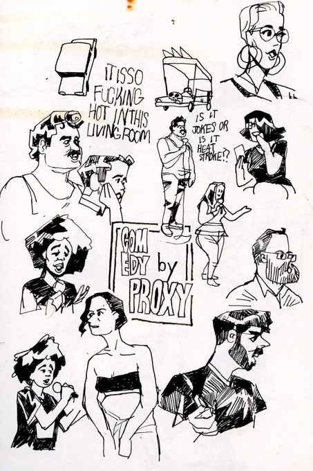 a page of drawings i forgot to post from last summer at the sweatiest comedy show I've ever been to, feat @mikelebovitz @AnyaVolz @ayoedebiri @loudandsmart plus some bystanders and people w names I forgot 