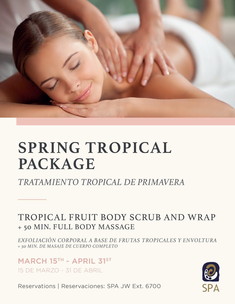 Relaxation is the key to enhance your healthy, boost your mood, ease your tension and reduce anxiety. Enjoy our Spring Tropical Package from March 15th to April 31st at the Spa. Includes: Tropical fruit body scrub and wrap + 50 min. full body massage.
#JWMarriottCancun #JWCancun