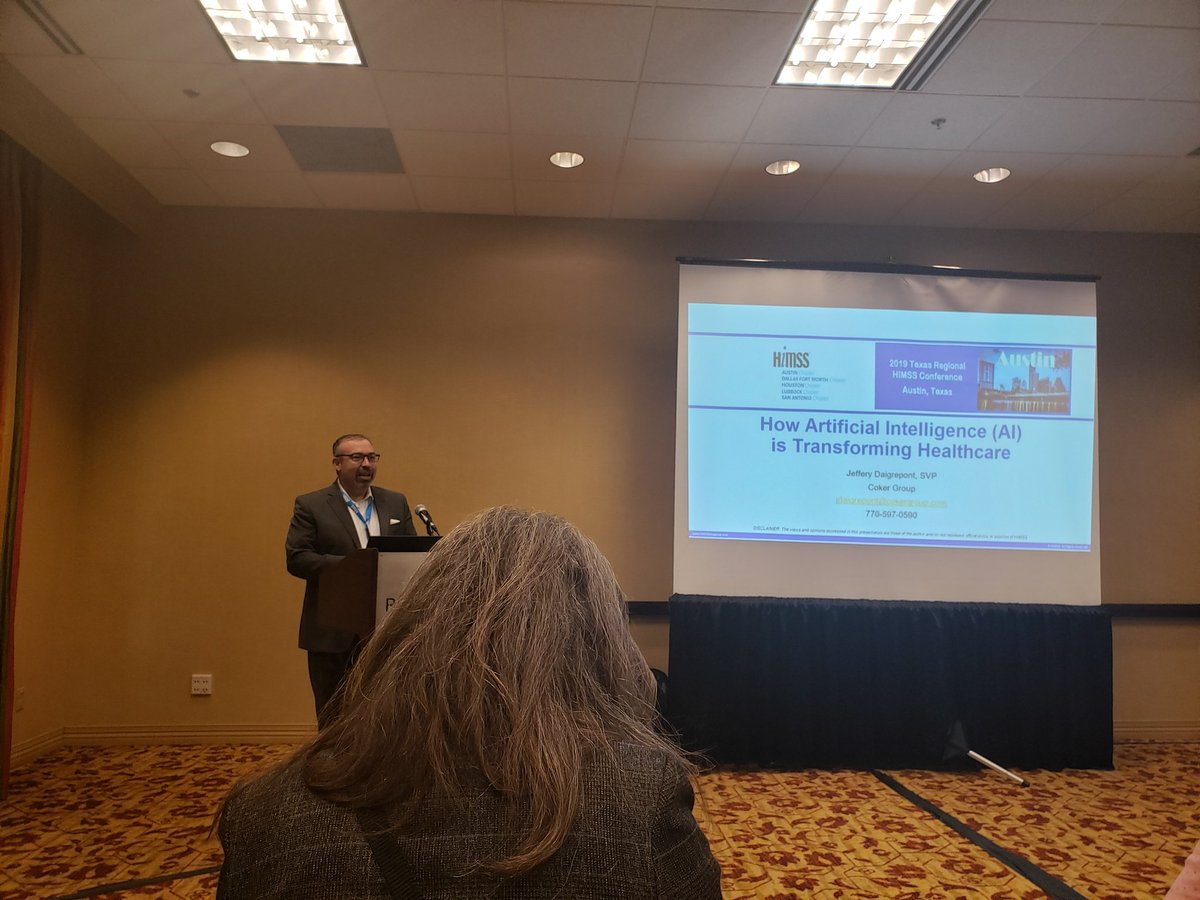 HealthITProf's tweet photo. Great presentation from Jeffery Daigrepint on AI in healthcare at the Texas HIMSS Regional Conference. #connectedcare #hit #himss #healthit #hitsecurity #txhimss #cokergroup #artificalintelligence https://t.co/Jt44zUMJpd