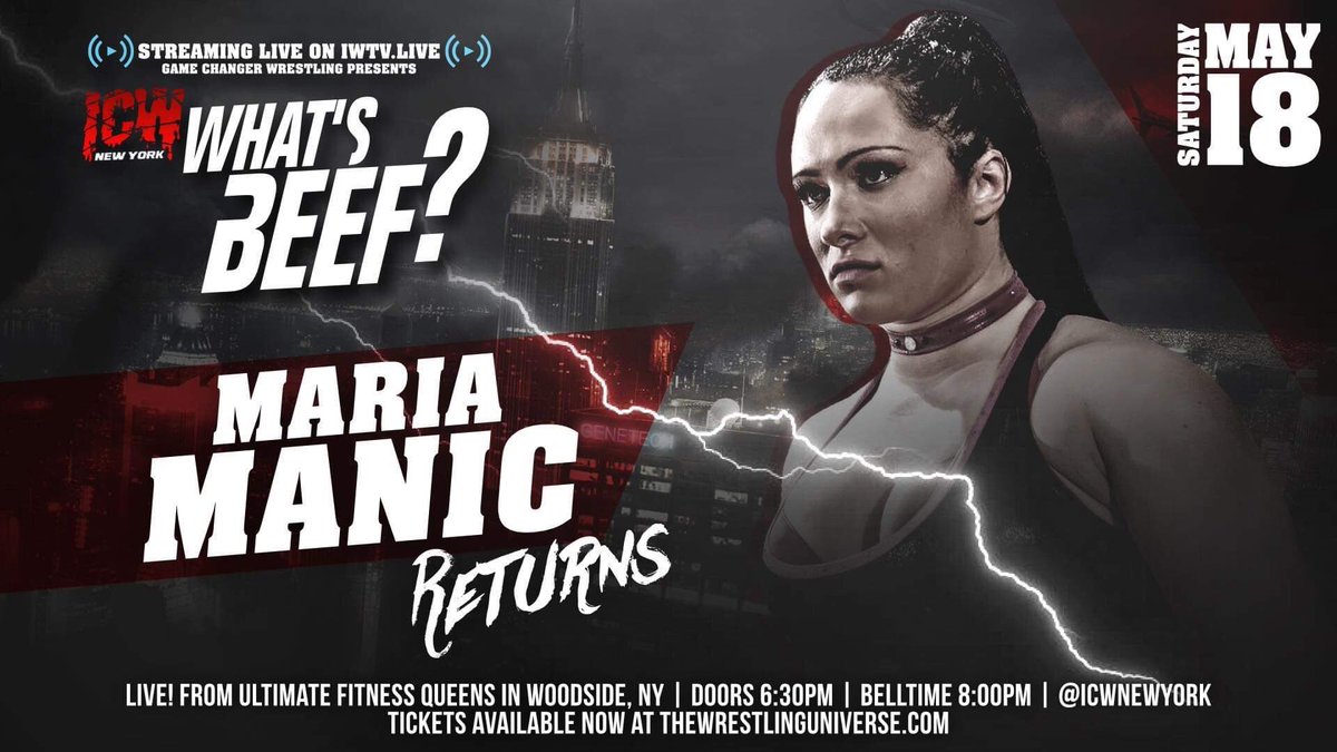 blklkp's tweet image. .#WhatsBeef?! presented by @ICWNEWYORK on 5/18 #LIVE from @ult_fit_queens! Witness the #ICWNewYork debut of @IMPACTWRESTLING #vixen @Lady_Scarlett13! Also appearing in ACTION @GottaGetSwann returns to #ICW! All this plus #TheManEaterMariaManic is HUNGRY! Tix available NOW! #ICYMI