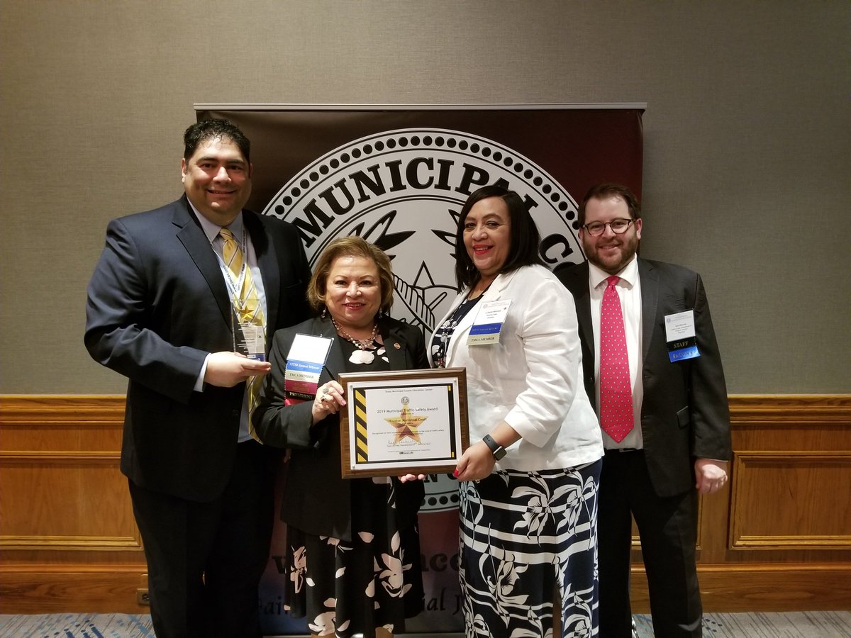 HoustonMunCourt's tweet photo. We won! We won! @HoustonMunCourt received the TMCEC 2019 Municipal Traffic Safety Award for High Volume Courts.
Special thanks to @TMCEC for recognizing us!  #MCD #TMCEC #TrafficSafety #houstontx #HouNews 
Pictured: Jose Soto, Judge E. Garcia, Judge J.E. Marshall &amp; Ned, Minevitz https://t.co/9SkNMUBL5S