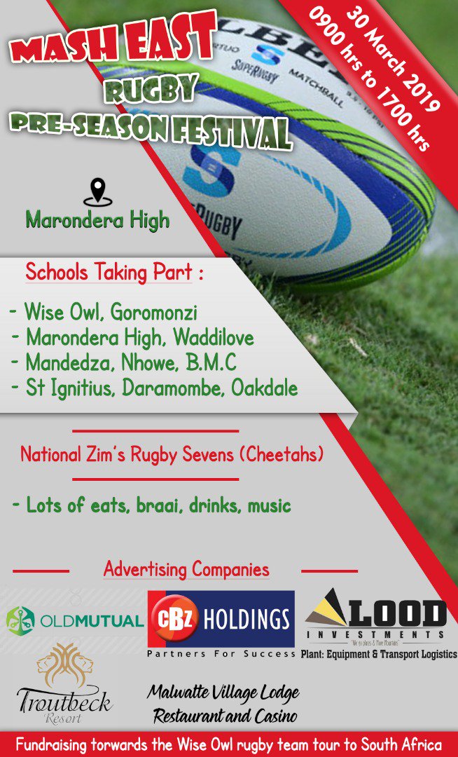 Follow us this weekend, we are in  Mash East Rugby Pre-season Festival at Marondera High school featuring 10 schools.

Wise Owl gave a great show at the <a href="/kwesesports/">Kwesé Sports</a> last weekend and they will be a team to watch this Saturday #Rugby #SchoolSport