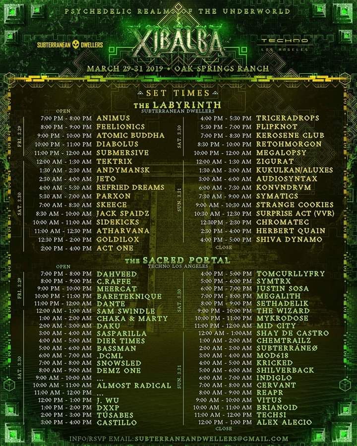 Set Time are LIVE for Xibalba!
Just a few days away from embarking on our magical journey through the Desert!

Be sure to arrive early, music goes ALL WEEKEND LONG!  Last chance to get tickets for pre-sale will expire tonight!

Head to our Insta for full details on tickets!