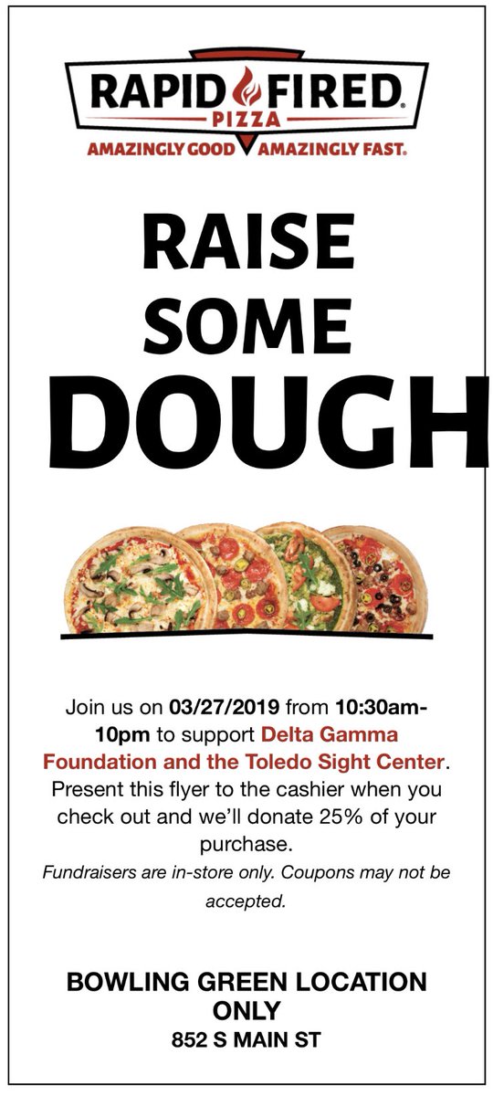 DeltaGamma_bgsu's tweet photo. 🍕TOMORROW 🍕 Show this flyer at Rapid Fired Pizza with your purchase to help us raise money for Service for Sight and the Toledo Sight Center☺️🕶 https://t.co/zVxdzEkLBg