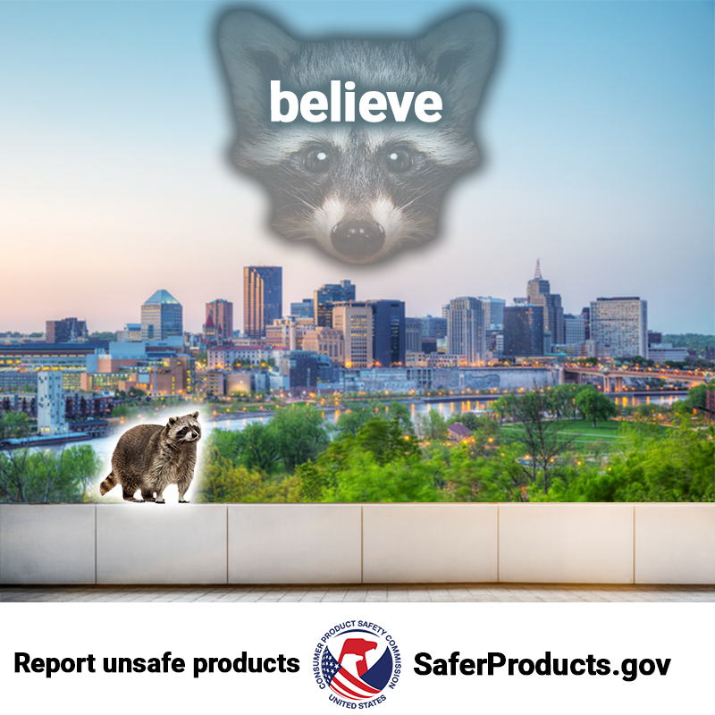 A face of a raccoon in the sky. A real raccoon sits on top of a building. The text reads: Believe. Report unsafe products on SaferProducts.gov