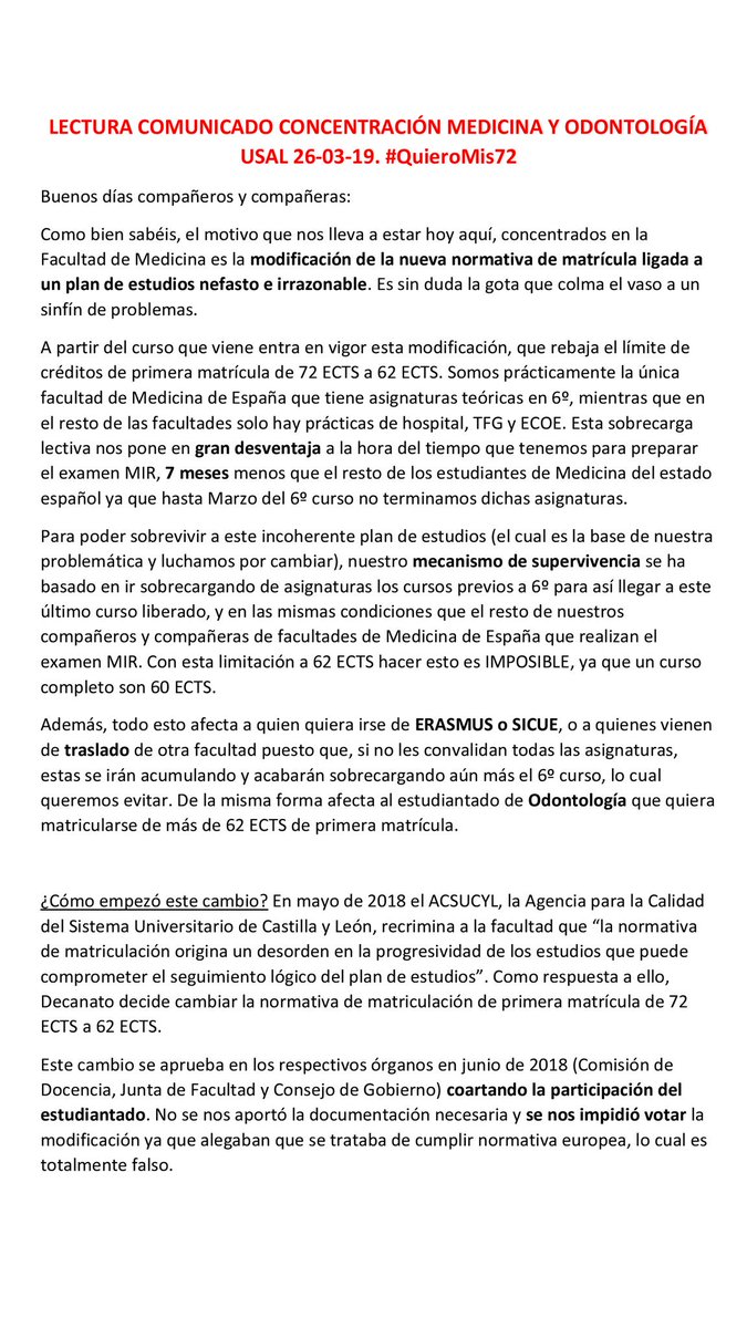 EvaMoreno0106's tweet photo. #SOSMedicinaUSAL
Por un plan de estudios consensuado con el estudiantado.
Por un escrito en el que se el rectorado se comprometa a revocar la medida de los créditos. #QUIEROMIS72
Por un aprendizaje digno.
No pararemos de movilizarnos hasta conseguirlo. https://t.co/lxcigPCZDI