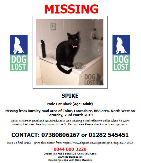 DogLostUK's tweet image. #LOST #CAT SPIKE
Male Black Adult
#Missing from Burnley Road #Colne #Lancashire #BB8  
Saturday 23rd March 2019 
#LostCat #ScanMe @SAMPAuk_ @VetsGetScanning  
doglost.co.uk/dog-blog.php?d…