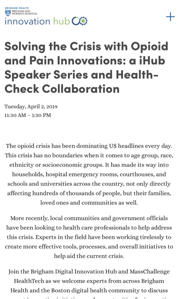 AlisterFMartin's tweet photo. Join the @BWHiHub and @MassChallengeHT on 4/2 as we welcome experts from across @BrighamWomens and the Boston #digitalhealth community to discuss innovative initiatives and opportunities for innovation in the future of care and pain management. https://t.co/Z3N25mPeBx