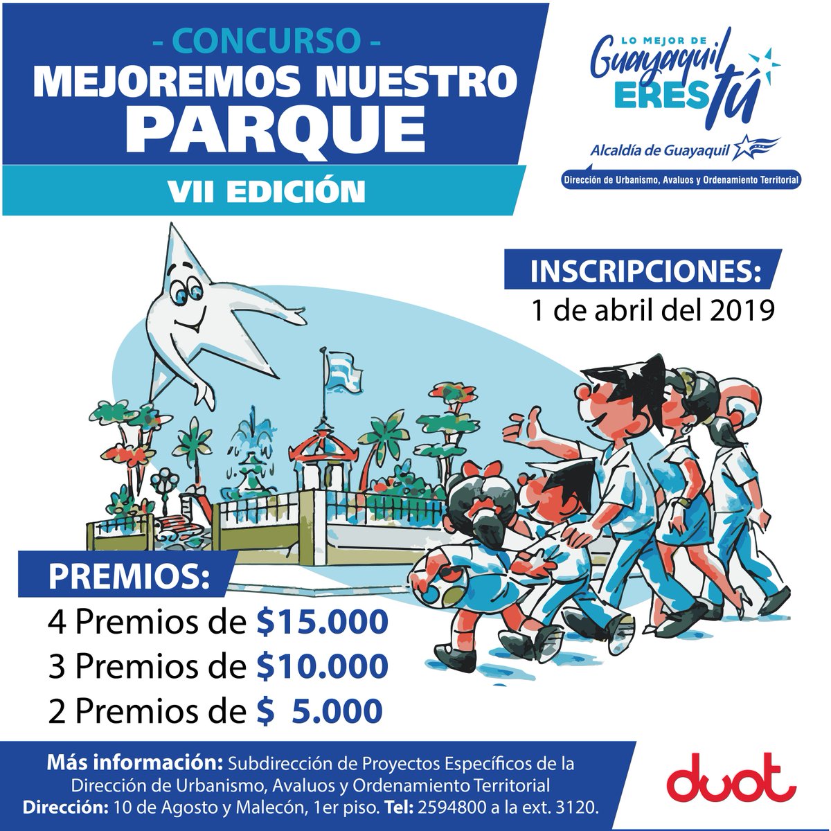 ¡No esperes más! Ven e inscríbete al concurso MEJOREMOS NUESTRO PARQUE séptima edición. #LomejordeGuayaquilerestú #laDUOTtrabajaparati
