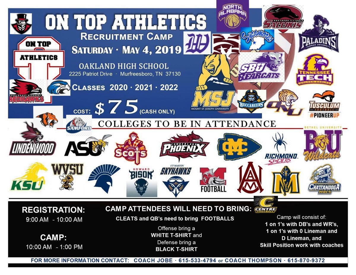 StuAth_Resource's tweet photo. Calling all football players in Tennessee! Check out this excellent recruitment camp being put on by On Top Athletics -- solid programs attending, great exposure for 20s 21s and 22s! #football #studentathletes #SAResource #tennessee https://t.co/w71f872eNT