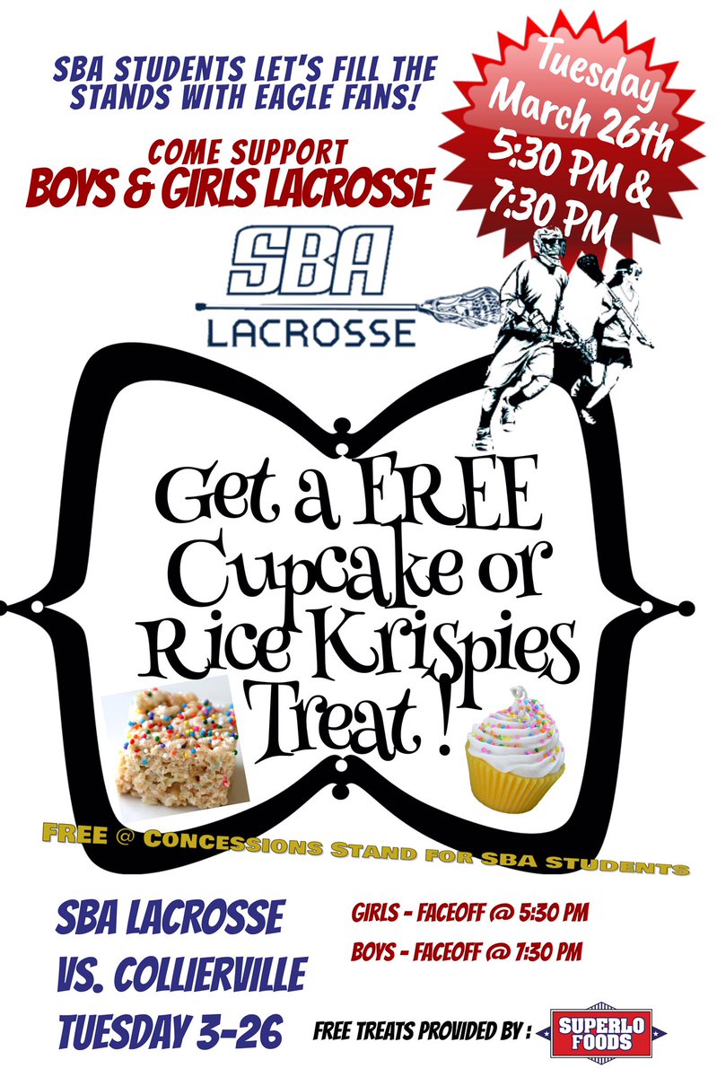 SBA_Lax's tweet photo. Come out and watch some Lax tonight! SBA students get free treats! Girls game @ 5:30 &amp; Boys game @ 7:30! See you at SBA! https://t.co/Qmrgozuhaf