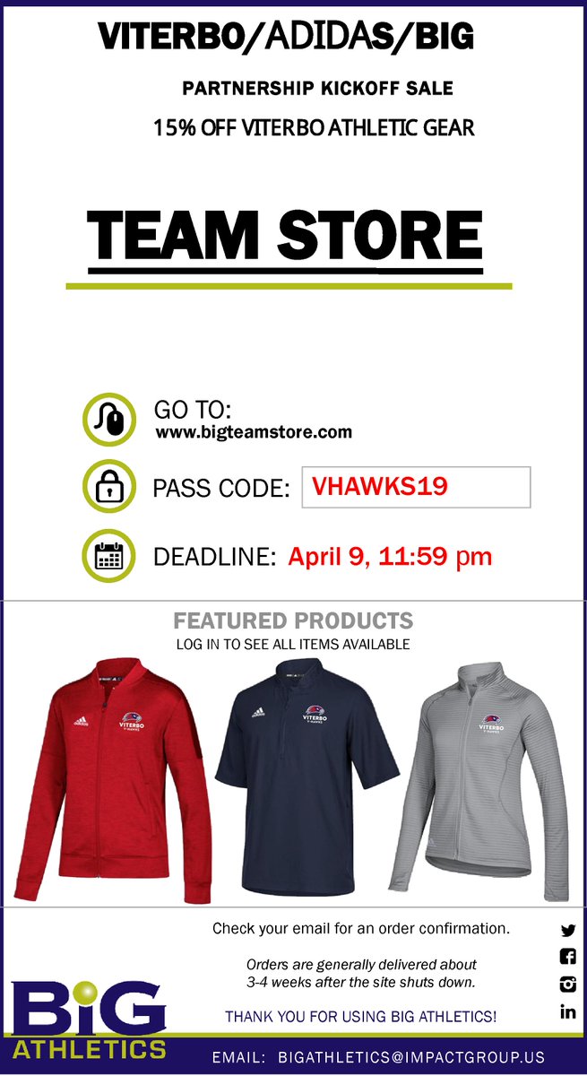 viterbovhawks's tweet photo. Want to buy official #vhawks apparel? We are celebrating our new partnership with BIG Athletics and Adidas with a 15% sale on all of our apparel before April 9th at 11:59 pm.

Go to https://t.co/gbUV0NkB18 and use pass code: "VHAWKS19" https://t.co/brJQsofQI4